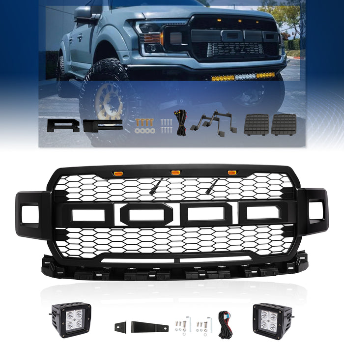 PENSUN Raptor Style Mesh Grille Fit For 2018 2019 2020 Ford F150, Matte Black W/2 Side Lights