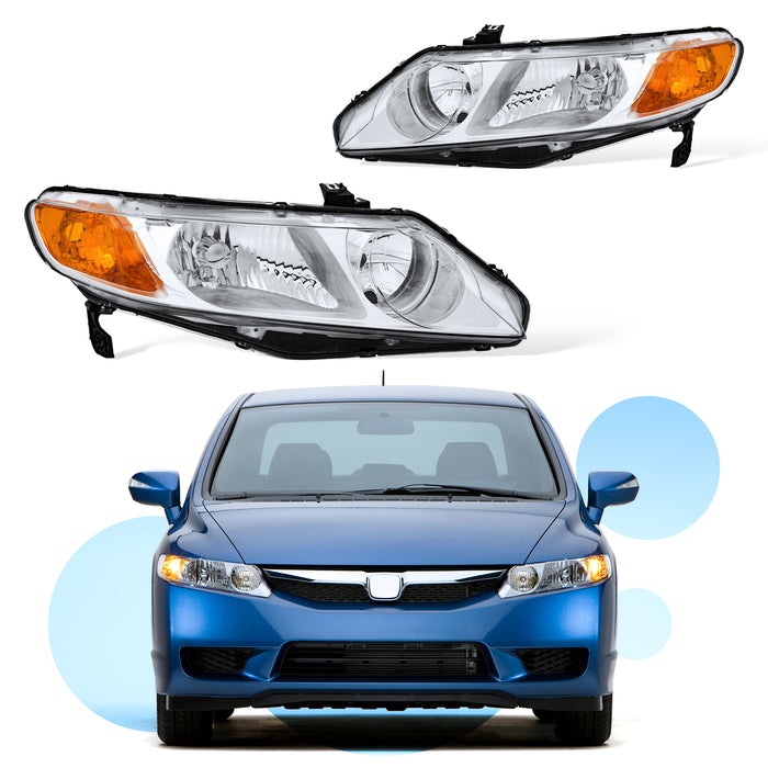 PENSUN Chrome Headlight Headlamps Left Drive Right Passengerr Pair For 2006-2011 Honda Civic Sedan