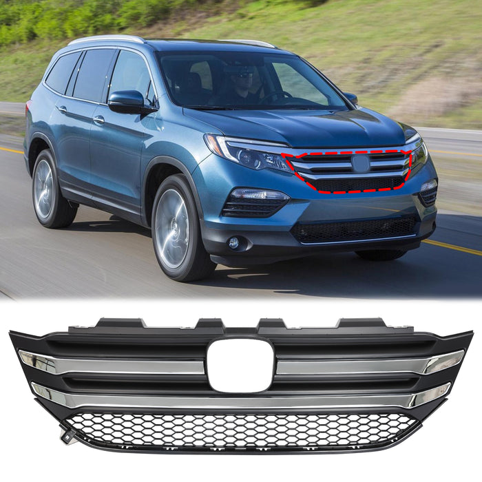 PENSUN Front Bumper Grille Hood Upper Grill W/Chrome Trim For Honda Pilot 2016-2018