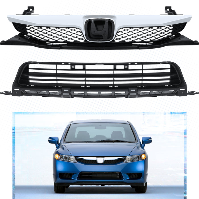PENSUN Front Bumper Grill Grille Upper Lower For 2009 2010 2011 Honda Civic Sedan