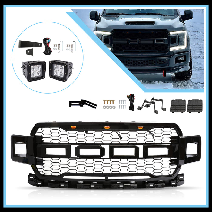 PENSUN Raptor Style Mesh Grille Fit For 2018 2019 2020 Ford F150, Gloss Black W/2 Side Lights