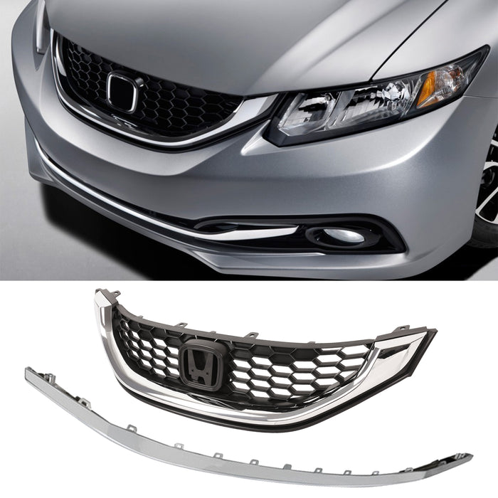 PENSUN Front Grille Grill Upper and Lower Fit for 2013-2015 Honda Civic Sedan / Chrome
