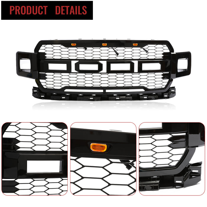 PENSUN Raptor Style Mesh Grille Fit For 2018 2019 2020 Ford F150, Matte Black W/2 Side Lights