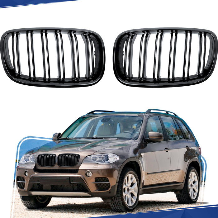 PENSUN Front Kidney Grille Grill Fit for 2007-2013 BMW X5 E70 / 2008-2014 X6 E71, Gloss Black Double Slats