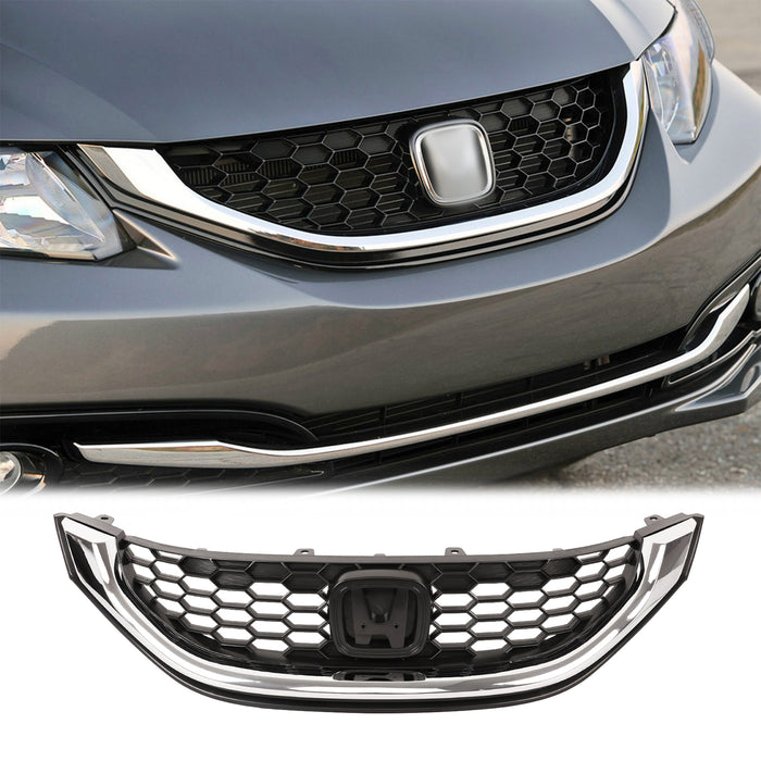 PENSUN Front Bumper Upper Grille Grill W/Chrome Trim For 2013-2015 Honda Civic Sedan