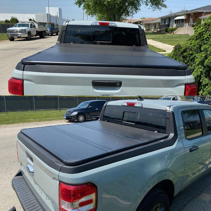 PENSUN 4.5FT Hard Tri-Fold Pickup Truck Bed Tonneau Cover with LED Lights Fit for 2022-2023 Ford Maverick