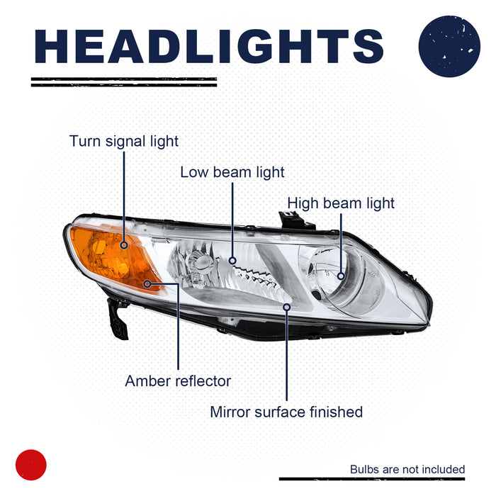 PENSUN Chrome Headlight Headlamps Left  Drive Right Passengerr Pair For 2006-2011 Honda Civic Sedan