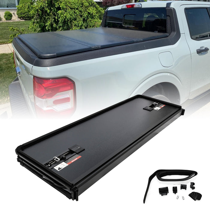 PENSUN 4.5FT Hard Tri-Fold Pickup Truck Bed Tonneau Cover with LED Lights Fit for 2022-2023 Ford Maverick