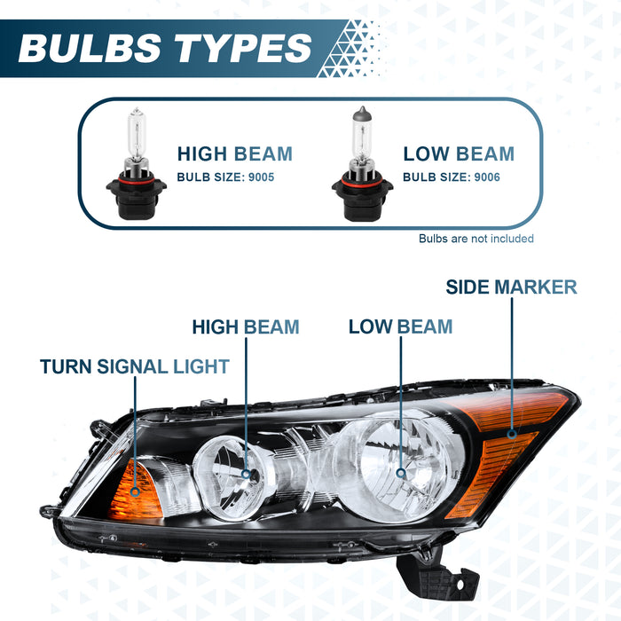 PENSUN Headlights Assembly Fit for 2008-2012 Honda Accord Replacement Black Housing