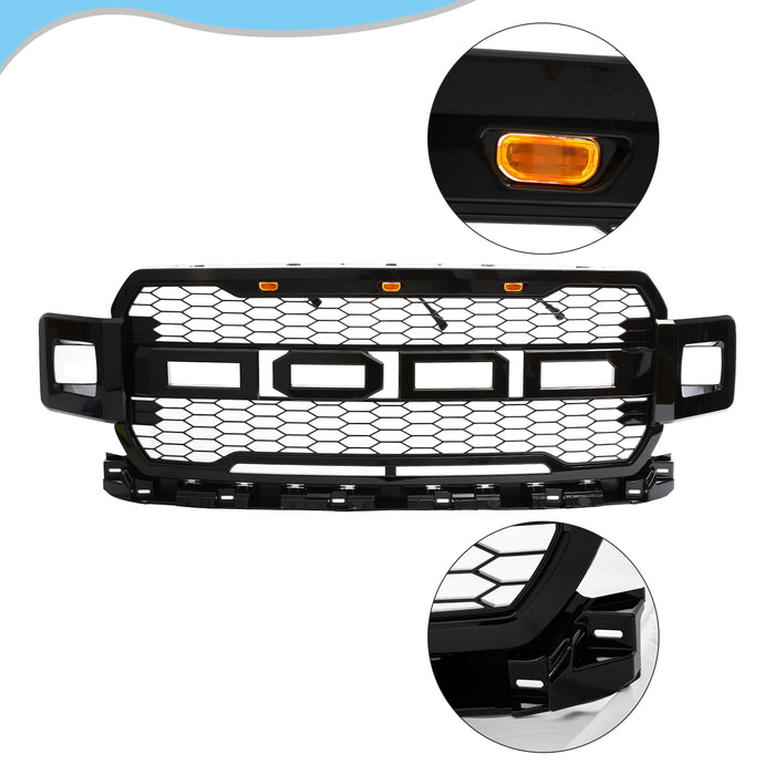 PENSUN Raptor Style Mesh Grille Fit For 2018 2019 2020 Ford F150, Gloss Black W/2 Side Lights