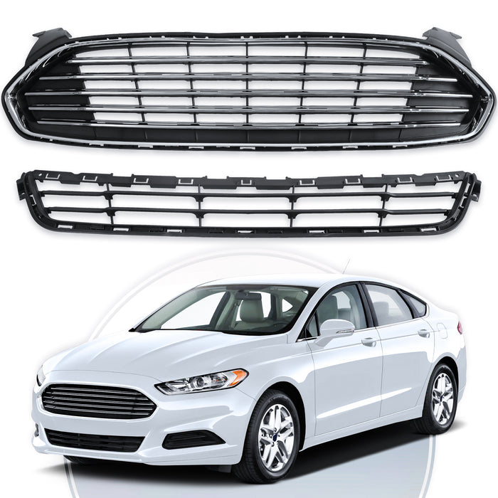 PENSUN Front Upper+Lower Grill Fit for 2013 2014 2015 2016 Ford Fusion, Chrome Mustang Style Grille