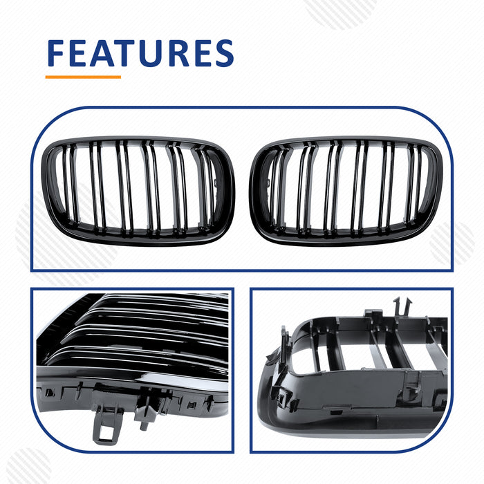 PENSUN Front Kidney Grille Grill Fit for 2007-2013 BMW X5 E70 / 2008-2014 X6 E71, Gloss Black Double Slats