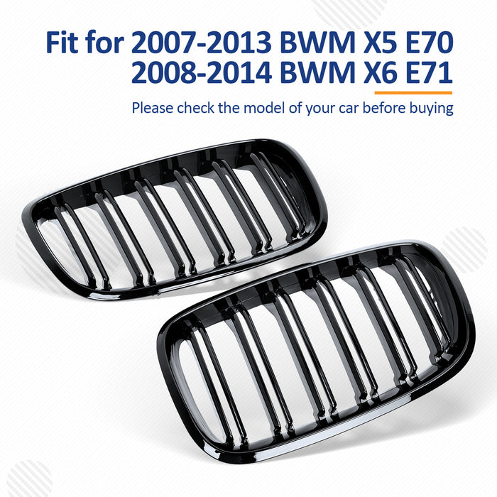 PENSUN Front Kidney Grille Grill Fit for 2007-2013 BMW X5 E70 / 2008-2014 X6 E71, Gloss Black Double Slats